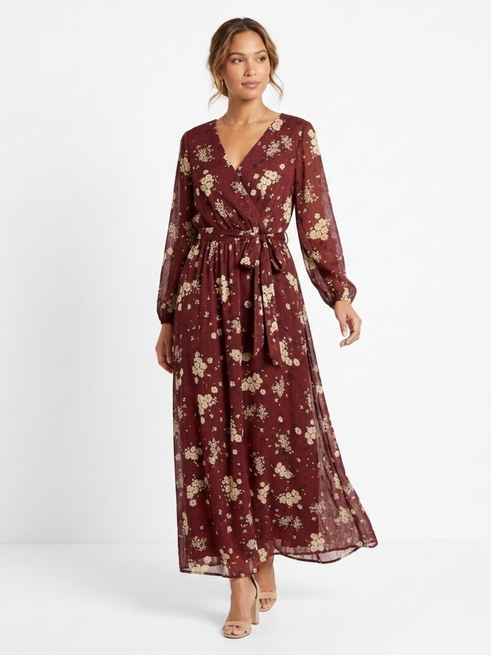 Premier Amour Burgundy Floral Faux Wrap Maxi Dress Long Sleeve Size 10 NWT